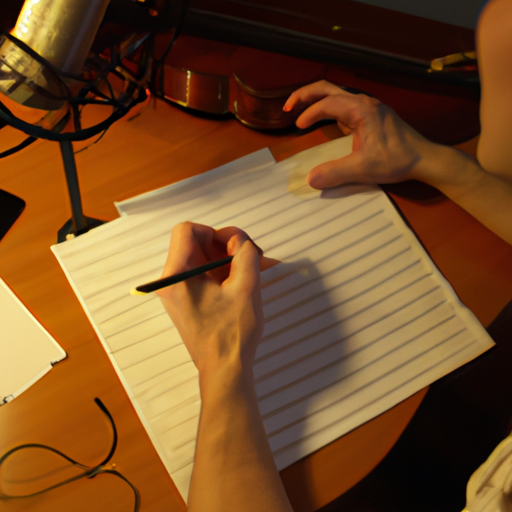 כותב שירים כותב מילים ותווים בנפרד על דף נייר